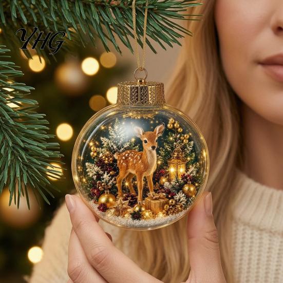 Seasonal Home Decor Accessories Christmas 3D Faux Crystal Ball Hanging Ornaments with Warm LED Miniature Winter Scene Lights, Luminous Tree