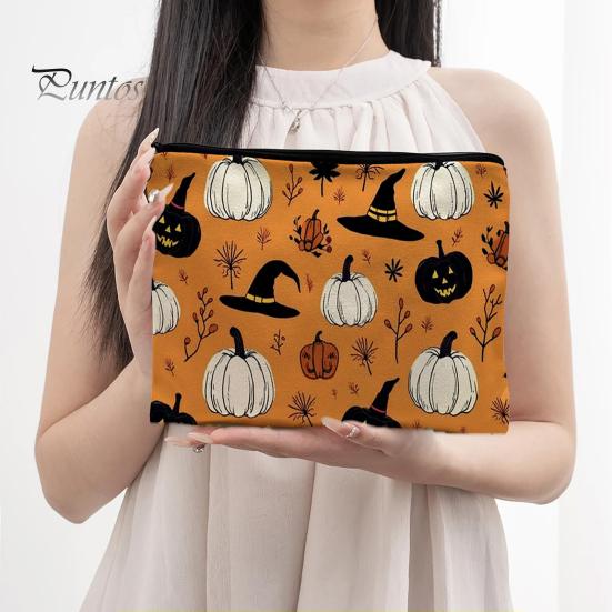 Festive Desktop Storage Bag Bag, with Halloween Pumpkin Ghost Print, Smooth Durable Zippered Case Zipper Canvas Makeup for Travel Cosmetic Organizer