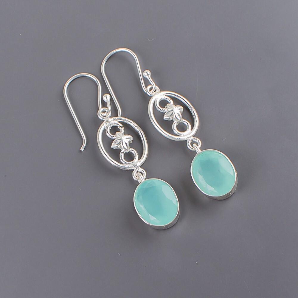 Aqua Chalcedony Gemstone 925 Sterling Silver Jewelry Handmade Earrings 2.00" EE-17-15