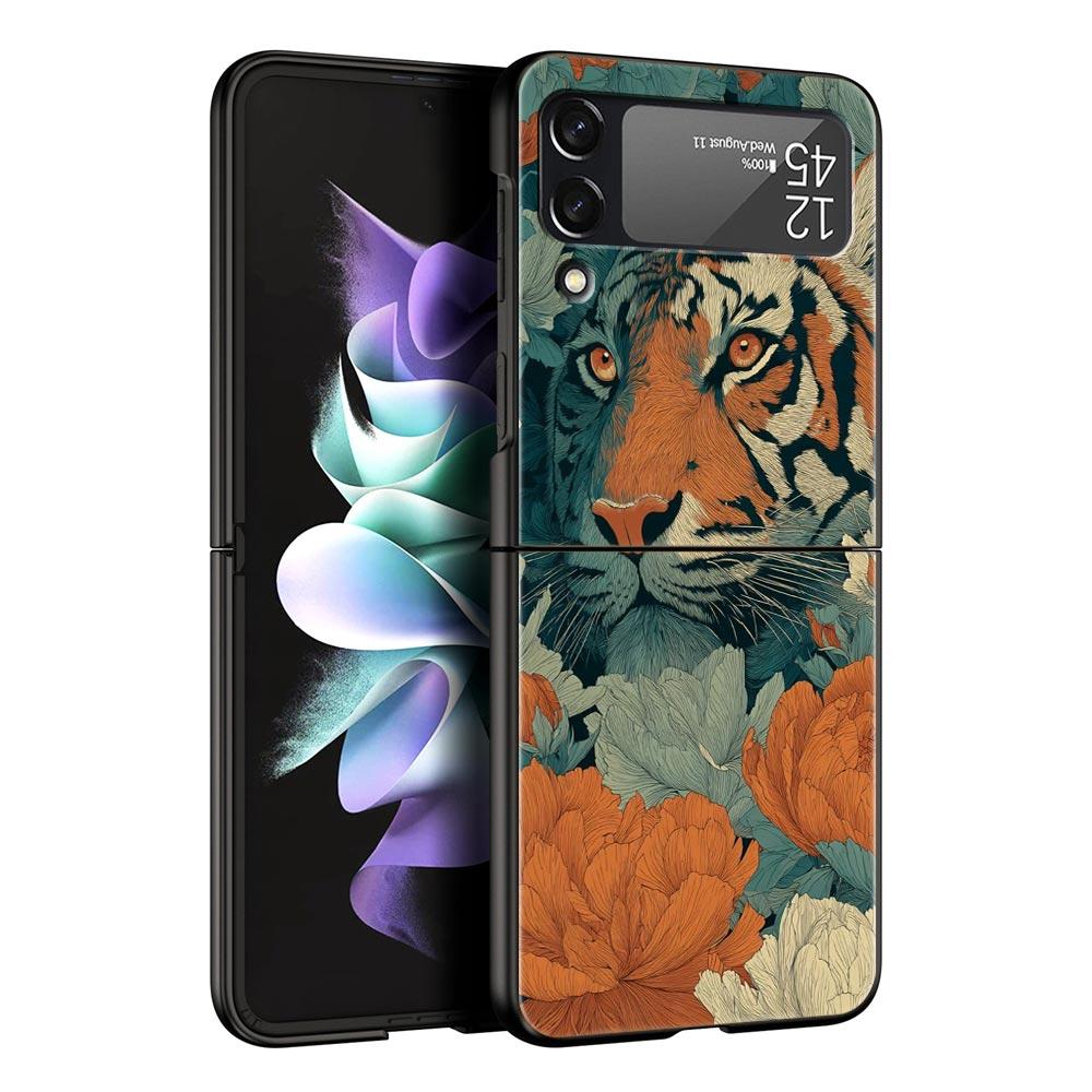 

Hard PC Phone Case For Samsung Galaxy Z Flip 7 6 5 4 Black Cover For Galaxy Z Flip 3 Foldable Shockproof Cartoon Tiger Pattern Z Flip 4