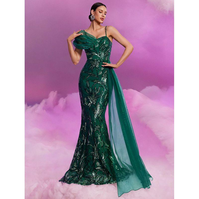 

Cross-Border European and American Elegant Sequin Ribbon V-Neck Halter Dress, Luxurious and Noble Cocktail Party Formal Evening Gown Dark green S