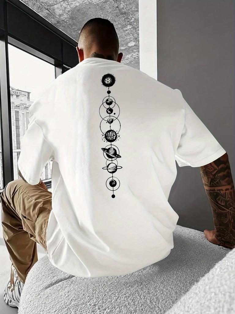 Planet Graphic Print Men's Creative Top, Casual Short Sleeve Crew Neck T-shirt, Men's Clothing For Summer Outdoor