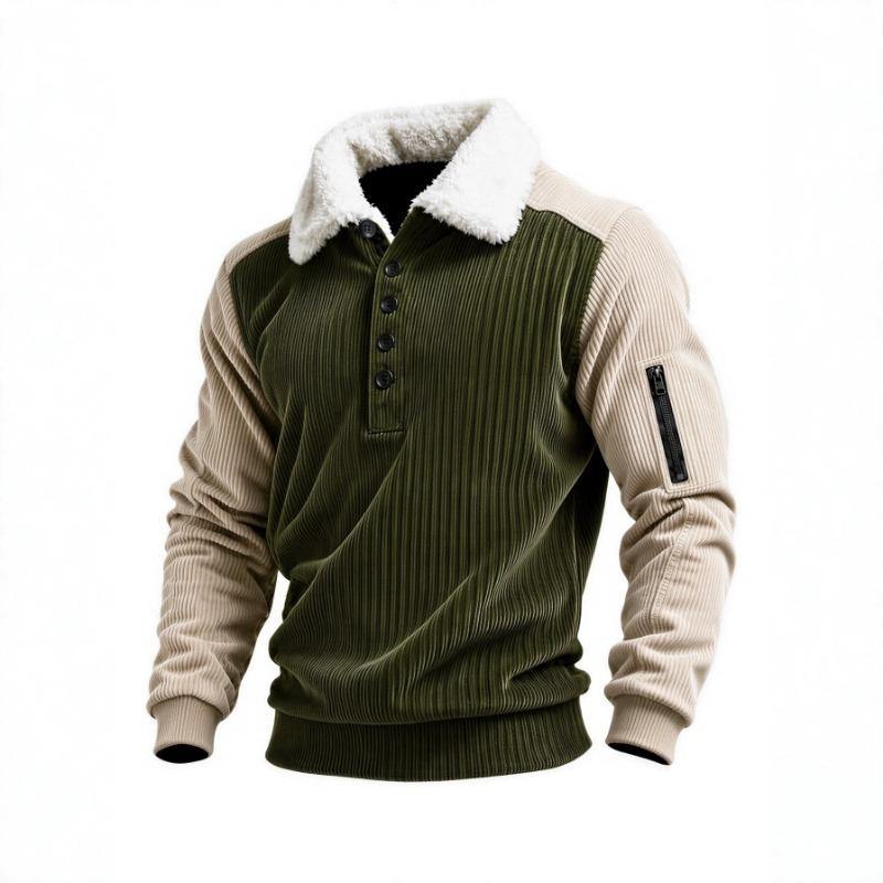 Men's Corduroy Color Blocked Long Sleeved Polo Shirt with Delicate Velvet Texture A Lapel Top with Arm Zipper Pockets Loose and Trendy Top