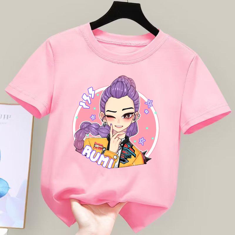 

K-pop Охотники на демонов Детская футболка с коротким рукавом для мальчиков и девочек, с аниме-принтом, полиэстеровые топы, мультяшные летние повседневные футболки, подарки на день рождения 140