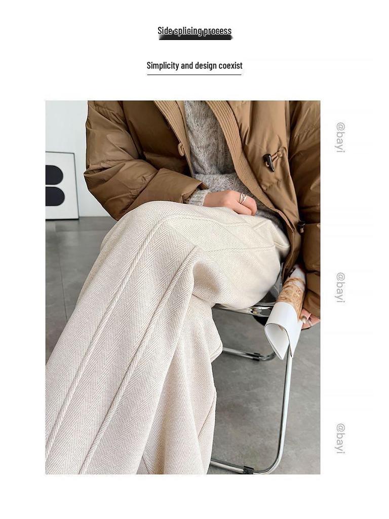 Damen 2024 Fischgrät Wollfleece-gefüttert Geschlitzte Straight-Leg Hose für Herbst/Winter Freizeitkleidung