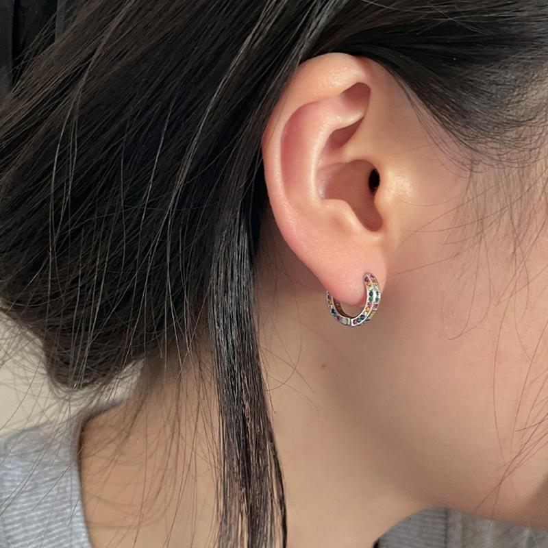 Rainbow Zirconia Circle Earrings - French Retro Style with Lively Temperament and Ins Trendy Needle Back Design for Women