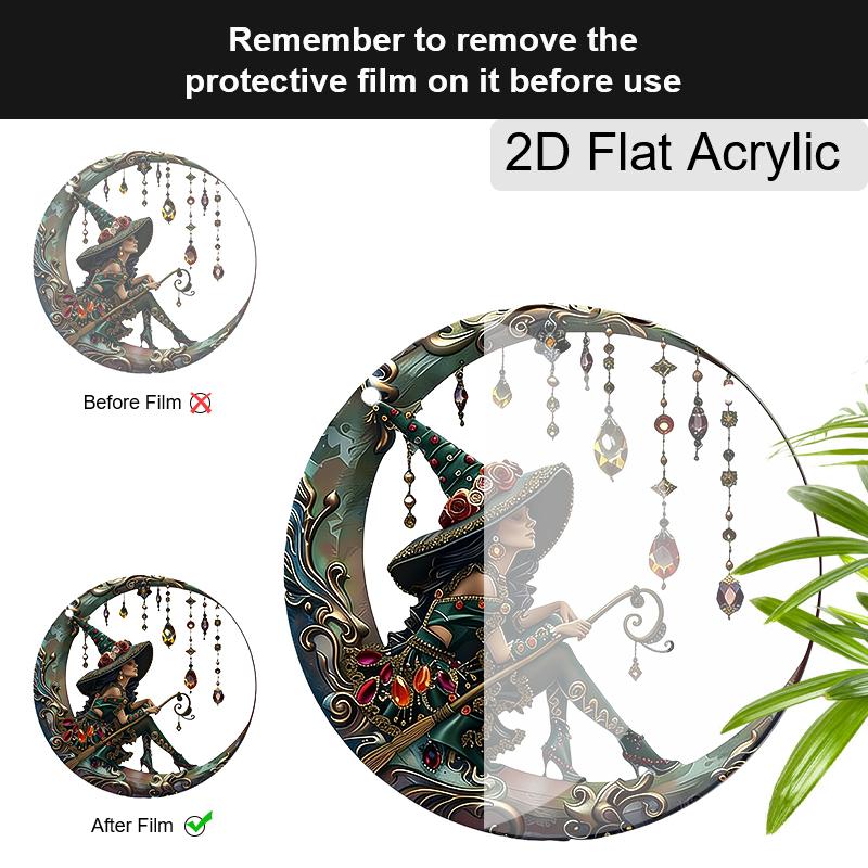 Acrylic Witch On Crescent Moon with Crystals Suncatcher, Stained Glass Effect Window Hanging Ornament for Witchcraft & Fantasy Lover Gifts