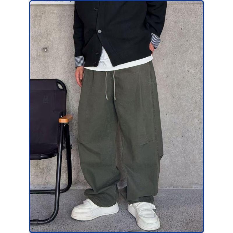 Spring and Autumn Retro Men's Clothing Street Casual Versatile Loose Cotton Straight Solid Color Loose Pants Casual Pants