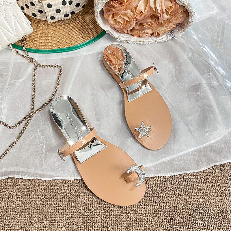 

808-3 [] Звезда и луна свет _ звезда и луна бриллиантовая пряжка наклонный каблук набор носок шлепанцы сандалии на улице 43 телесный