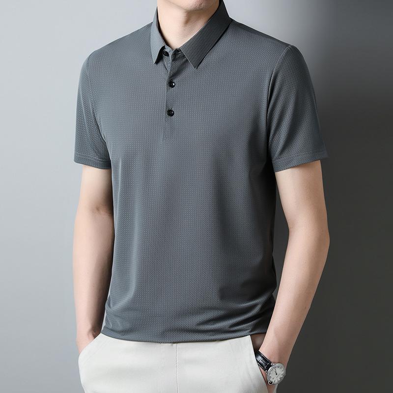 Men'S Solid Color Lapel Quick-Drying Waffle Loose Breathable Medium And Short-Sleeved T-Shirt Polo Shirt