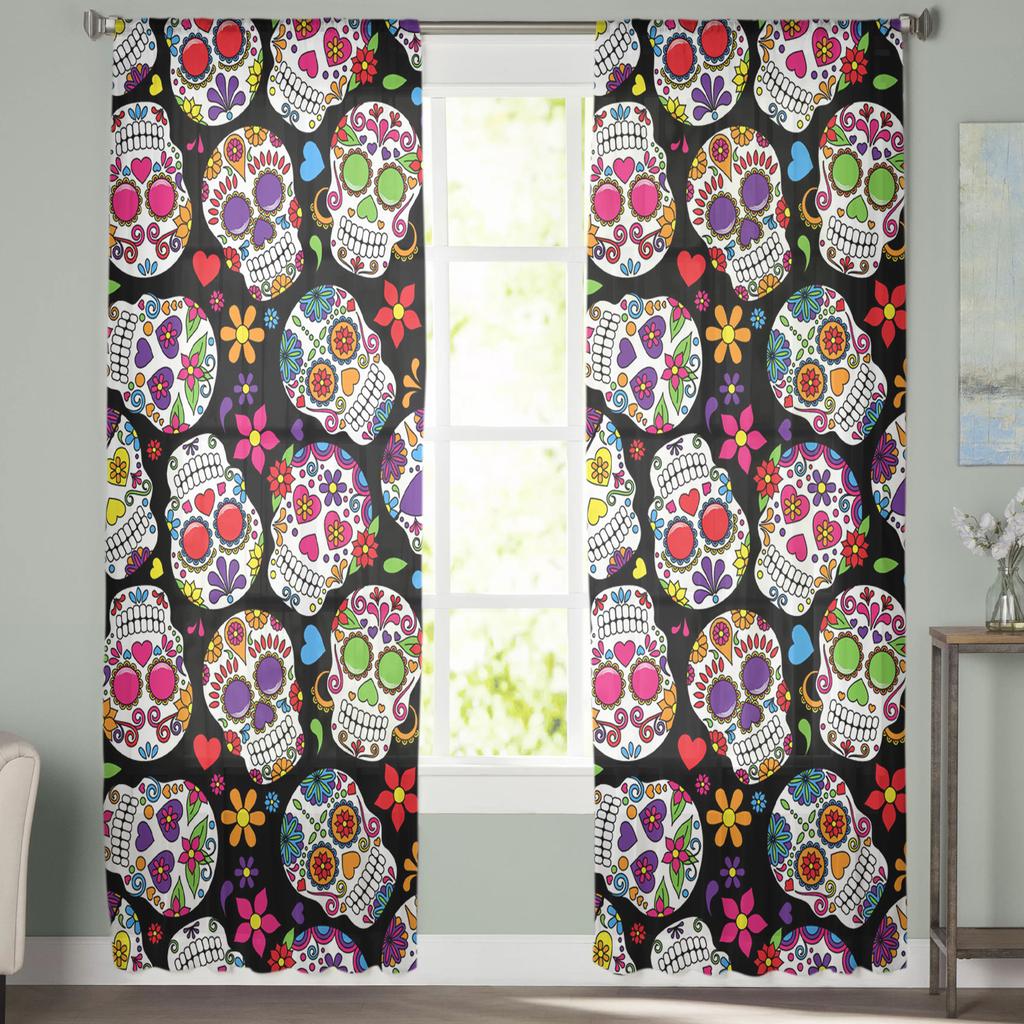 Zasłony tiulowe z motywem czaszki, kwiatów, linii, miłości do salonu, firanki do sypialni, dekoracyjne zasłony okienne