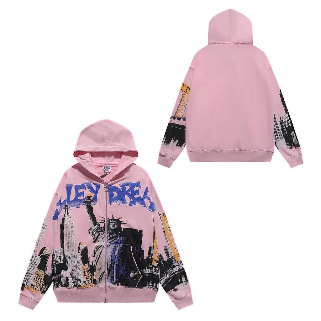 Unisex Retro Print Distressed Zipper Hoodie - Loose Fit, High Street American Style