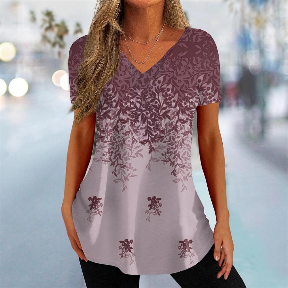 Sommar T-shirt för kvinnor 3D-blomma kläder Vackra V-ringad kortärmad T-shirt Trend mode T-shirt för kvinnor Street