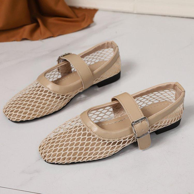 

Fashion Round Head Mesh One-line Buckle Ballet Single Shoes New Full Flash Flat Hollow Mary Jane Sandals Fishnet Shoes 35