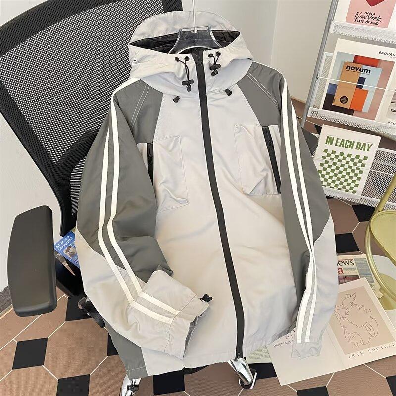 

Куртка с капюшоном в стиле рабочей одежды, мужская, армейско-зеленая, контрастная куртка, весна и осень, американская рабочая куртка для альпинизма 2XL серый