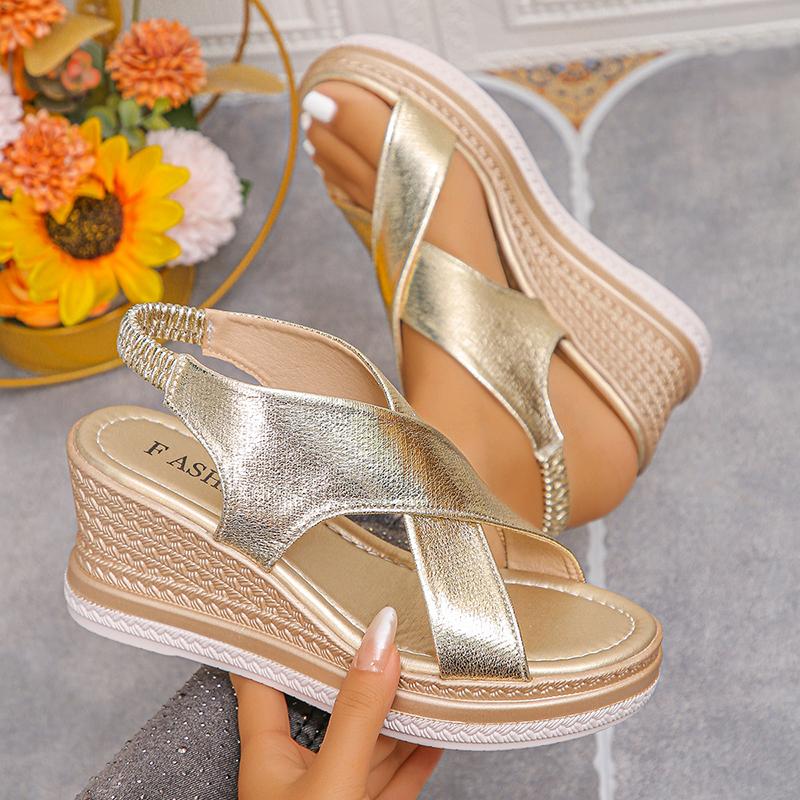 Fashion Gold Chunky Platform Sandals Women 2025 Summer Slip On Cross Strap Wedges Sandles Woman Plus Size High Heel Rome Sandalias Mujer