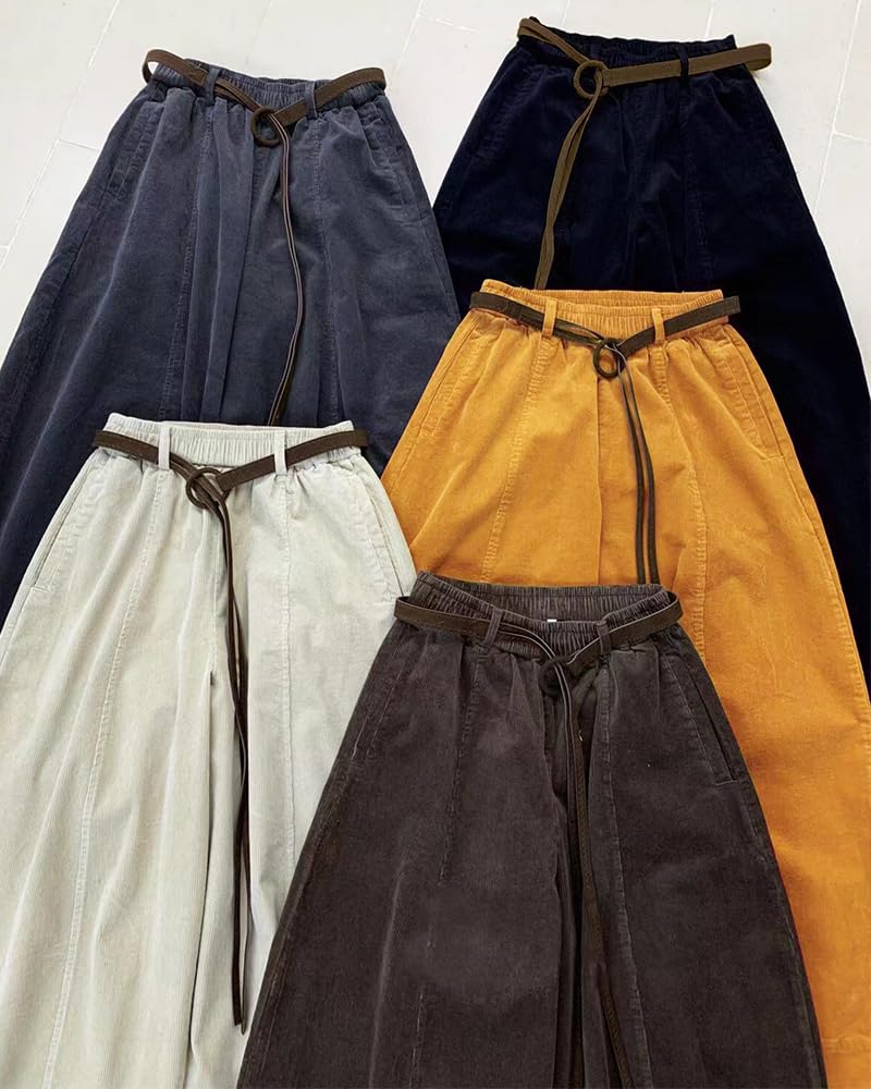 LUJPOIR Corduroy Perfect for Fall and Winter Solid Loose Casual Bottoms Women's Wide-leg Pants, Commuting, Warm, Thick, Belted, Color, Flattering,