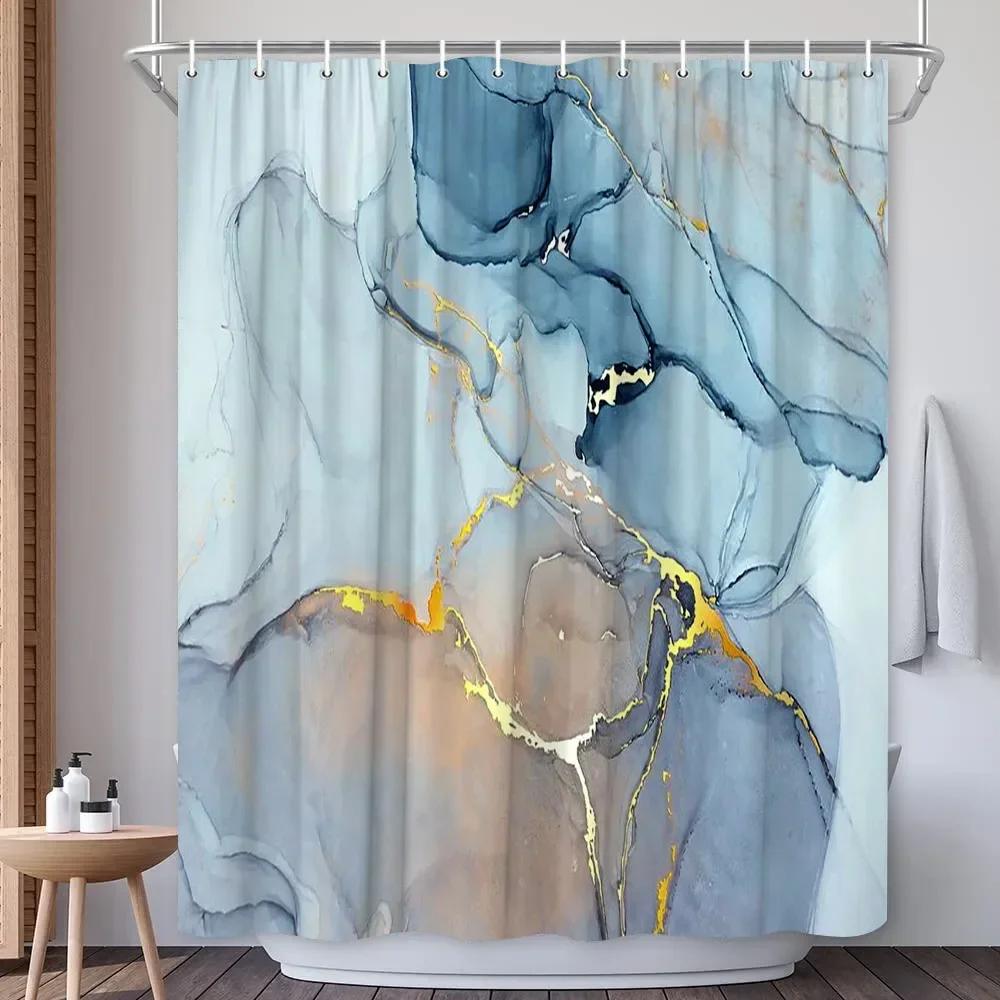 Abstract Navy Blue Gold Marble Shower Curtain Modern Luxury Golden Cracked Lines Fabric Bathroom Curtain Fashion Decor with Hook