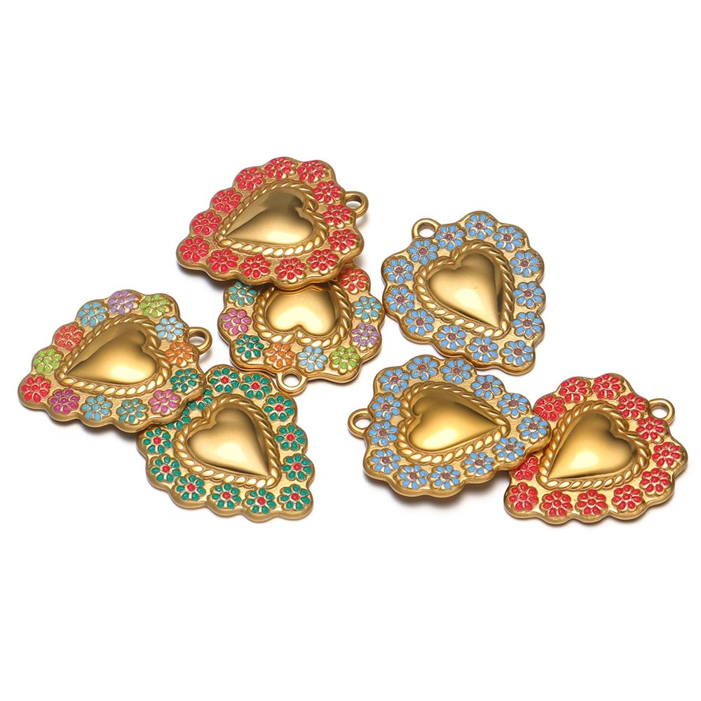5Pcs Stainless Steel Heart Pendant Enamel Flower Charms DIY Vintage Jewelry Findings Necklace Bracelet Supplies Earrings Making