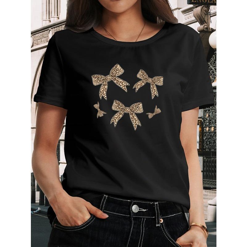 European Size Women's Bow T-Shirt, Leopard Print Bow Pattern Short-sleeved Shirt, Round Neck Design, Fashionable and Trendy Wear, Spring and Summer