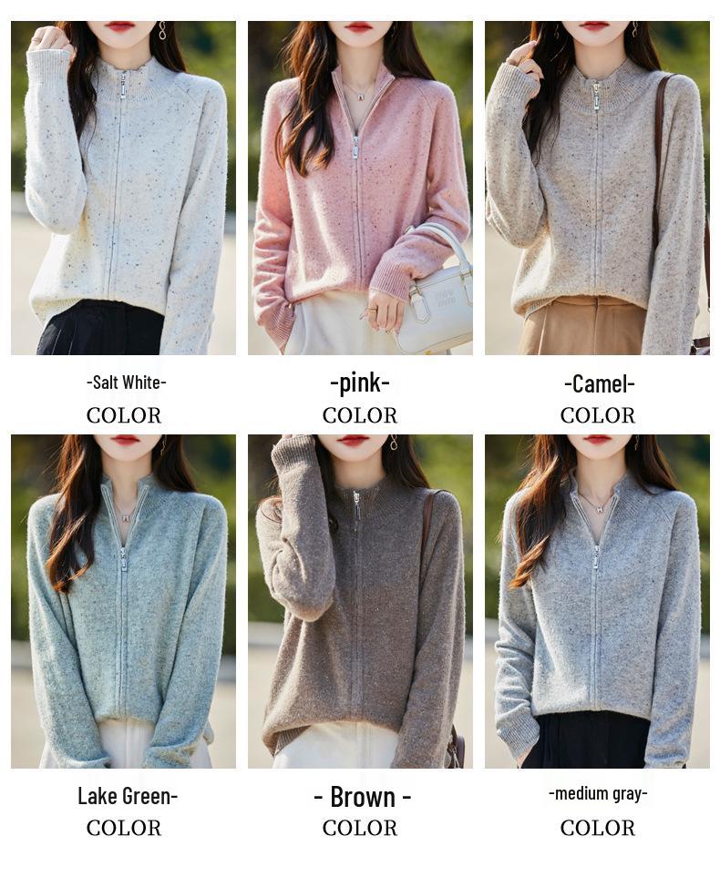 Women's Speckled Yarn 100% Wool Zipper Cardigan with Half-High Collar