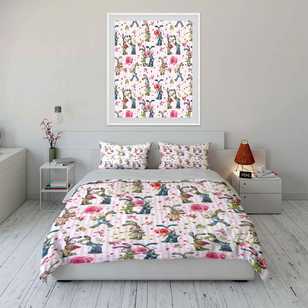 "Rabbit Themed Romantic Decor Set" Soft Skin-Friendly Bedding Set Includes 1 Duvet Cover And 2 Pillowcase Gift