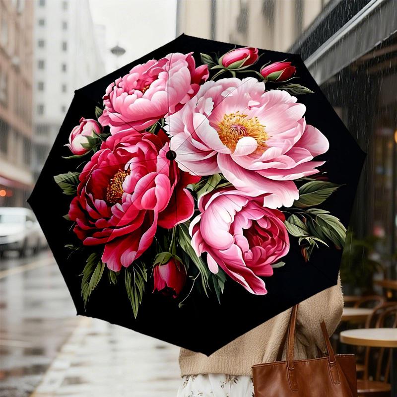 1pc Peony Flowers Automatic Folding Umbrella 8 Rib Iron Frame, Compact Portable Umbrella Suitable for Travel, Daily Use, Birthday, Women & Men Gift c