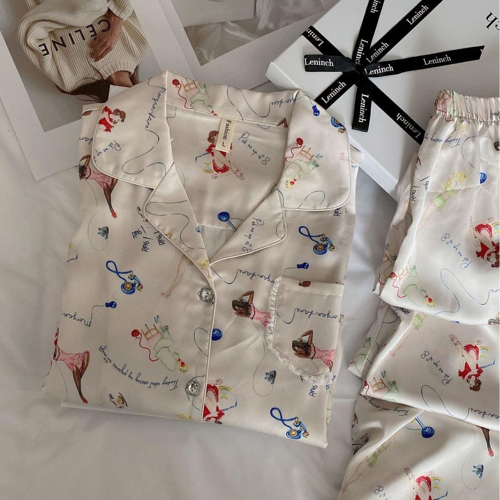 [Step Waltz] Ice silk pajamas women's autumn thin sweet print Internet celebrity style can wear loungewear suit