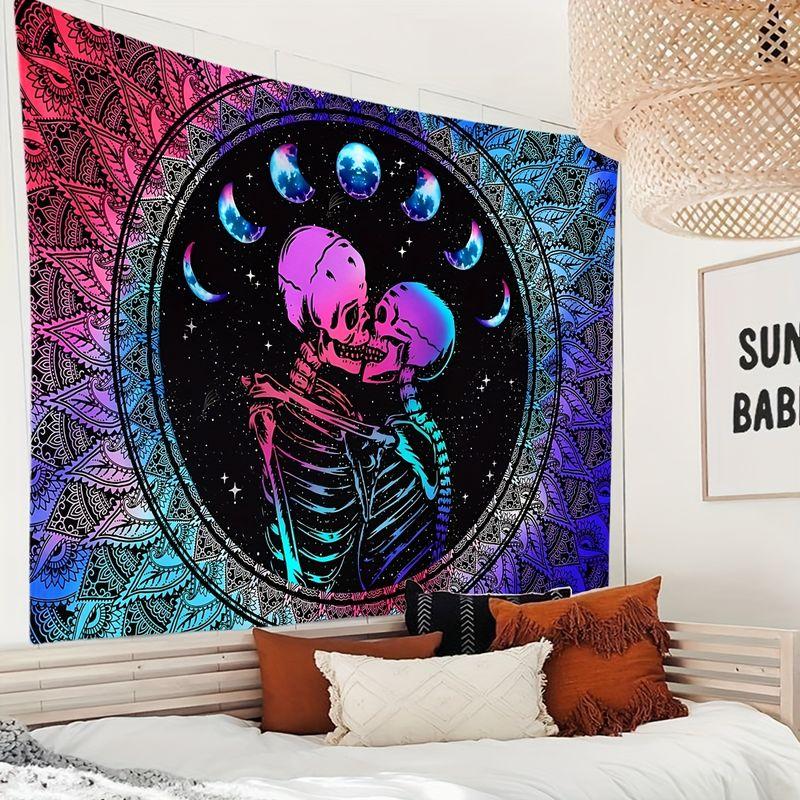 Wall Tapestry Neon Gradient Skeleton Lover Tapestry Mandala Pattern Moon Phase Printing Print Tapestry Hanging Cloth