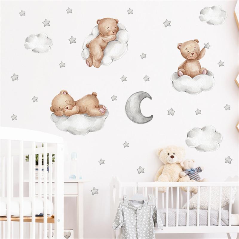 Cartoon Bear Wall Stickers Moon Clouds Stars Removable Wallpaper For Kids Room Home Wall Decoration