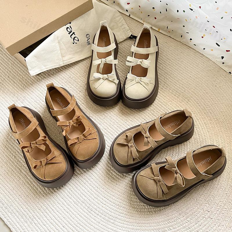 Fashion Women Mary Jane Shoes Autumn Round Toe Vintage Bow Knot Platform Leather Shoes Height Increase Comfortable Fashion Single Shoes