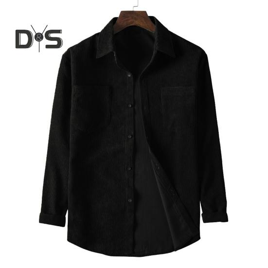 

Мужская вельветовая рубашка с отложным воротником, однобортный однотонный свободный кардиган в стиле ретро средней длины с нагрудными карманами, топ для повседневной носки в дорогу L чёрный