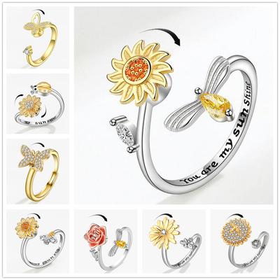 Shining Crystal Sunflower And Bee Fidget Spinner Rings For Women Anti Anxiety Control Anti Stress Rotating Ring Girls Gift