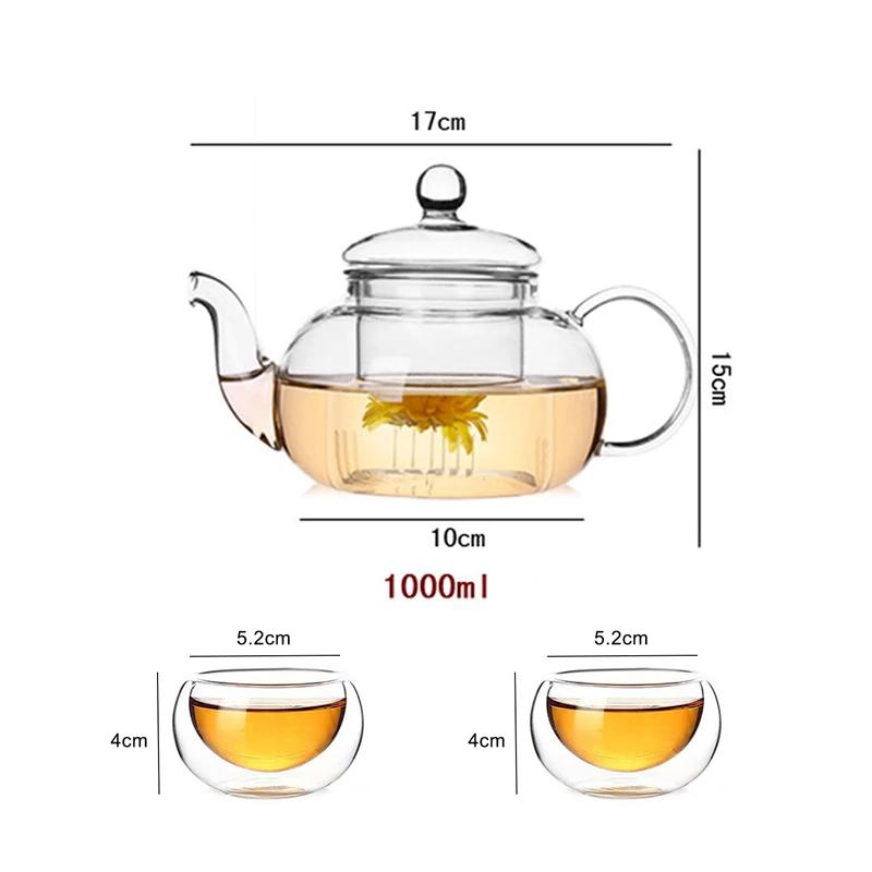 1000 ml hitzebeständige Glas-Teekanne, Glas-Teekanne mit Teesieb, Teeblatt, Kräuter-Kaffeekanne, Tee-Set, praktische Flasche, Blumen-Teetasse