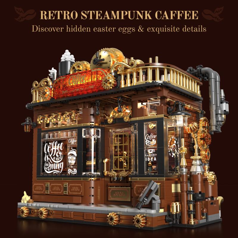 Steampunk café building block set, double-decker