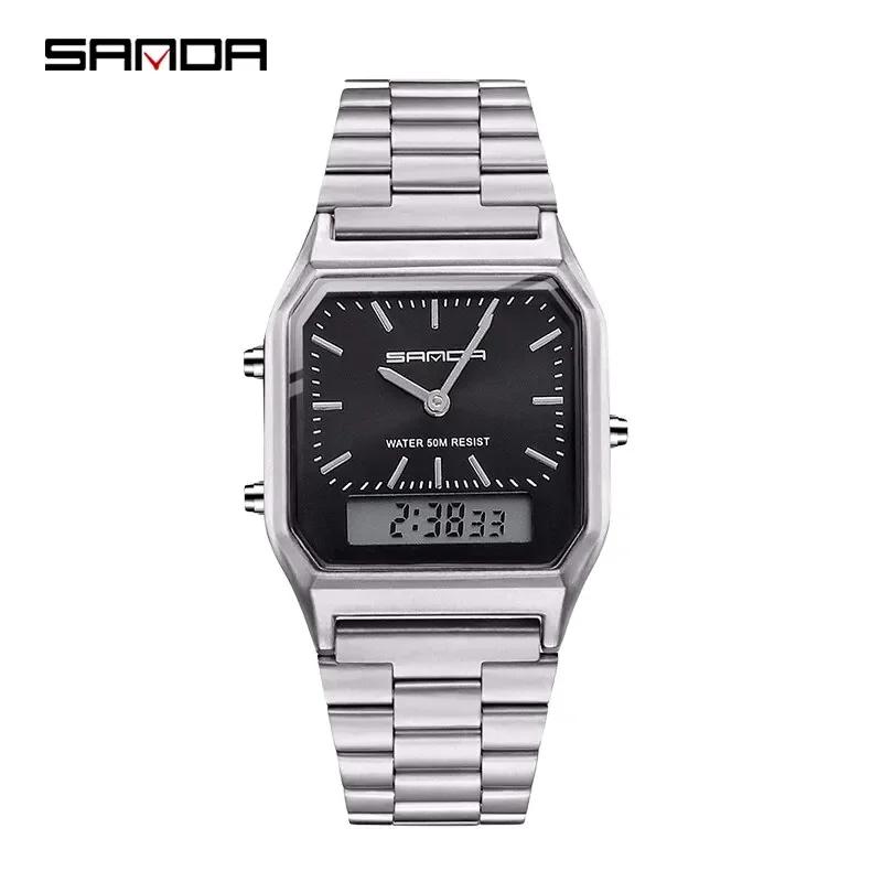SANDA P747 Watch Luxury Mens Style Watches Stainless Steel Women LED Digital Dual Display Clock Unisex Waterproof Sports Quartz