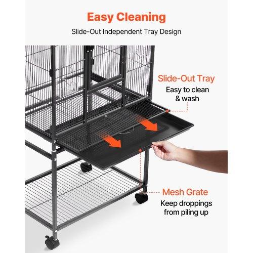 VEVOR Bird Cage, 625 x 425 x 1370 mm, Flat Top, Wrought Iron Bird Flight Cage with Perches, Slide-Out Tray and Plastic Feeders, Casters, for Parrot