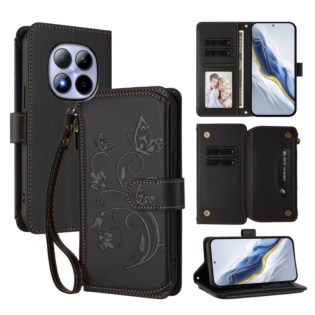 For Xiaomi Redmi Note 15 Pro 5G Leather Case Butterfly Floral Imprint Zipper Wallet Stand Cover with Wrist Strap