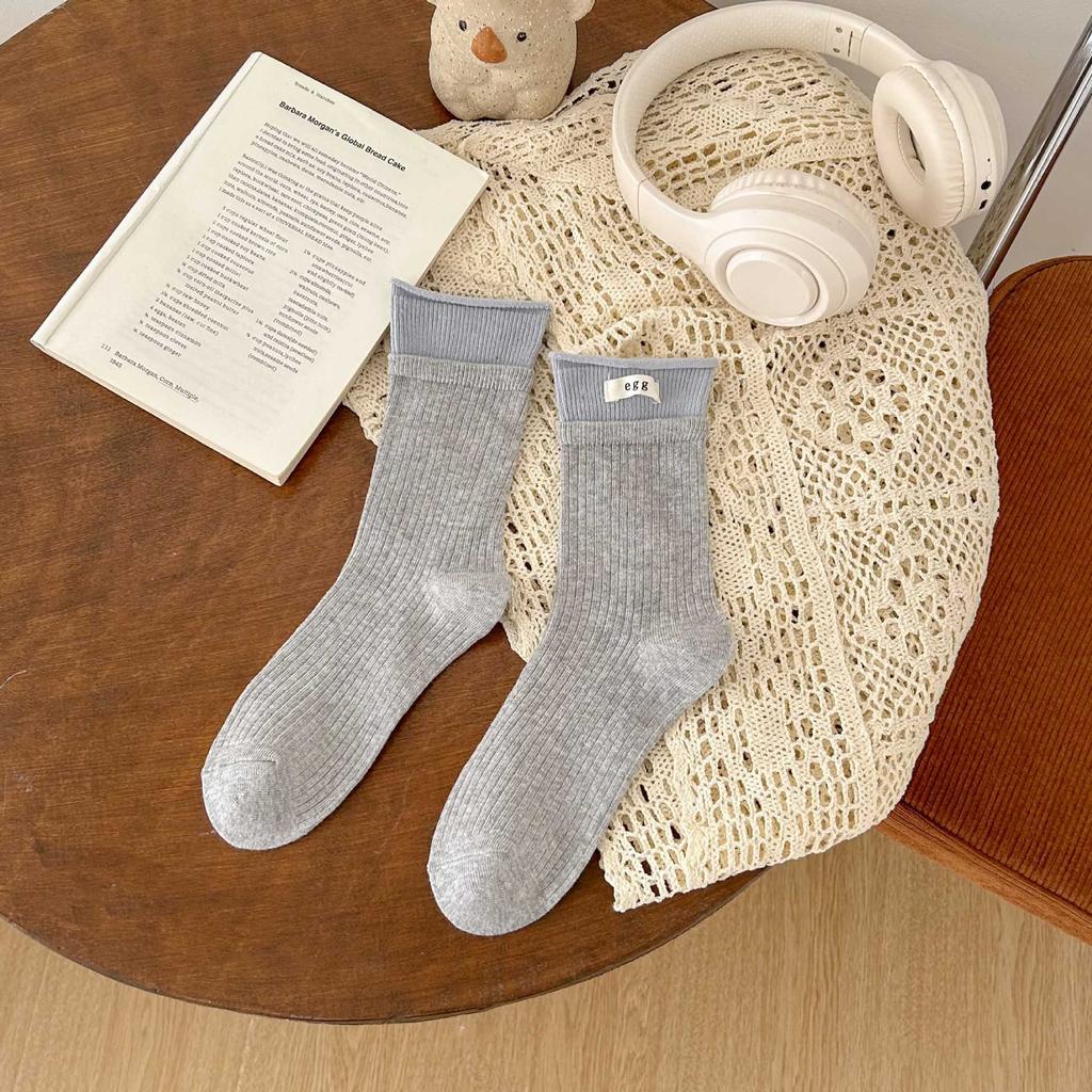 Dubbel Luo Mun Äggtyg Etikettstrumpor Flickor Koreansk Stil Personlighet Kontrastfärg Mellanhöga Strumpor Strumpor Bomullsfrottéstrumpor