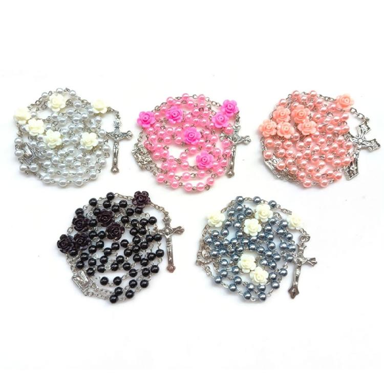 Devotional Rosary Necklace for Women, Acrylic Pearl Beads With Crosses, Fashionable Spiritual Wear