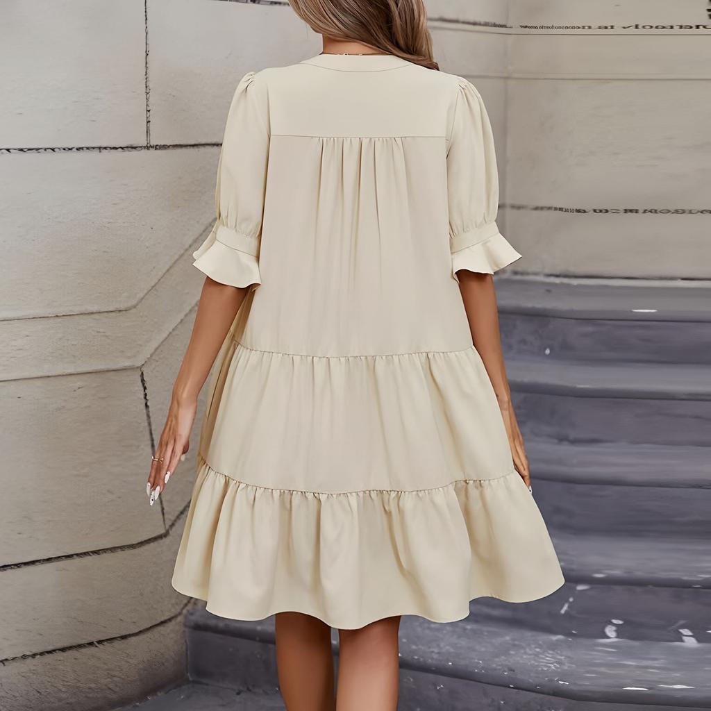 Women's Fashion Casual Slim Middle Sleeve V-Neck Ruffle Dresses