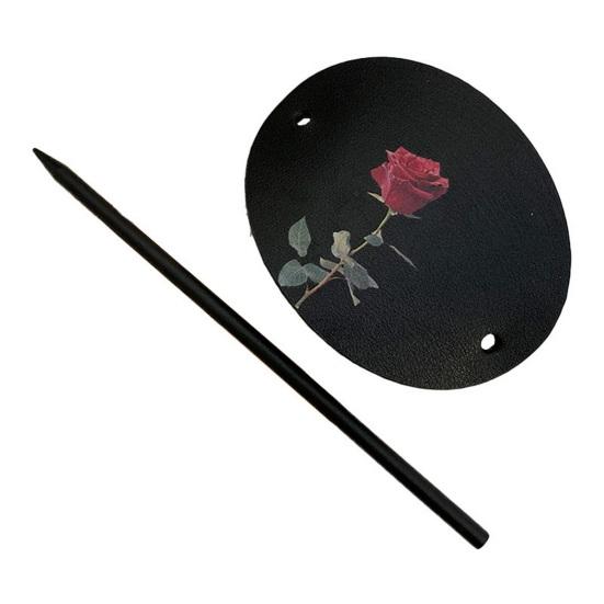Chinese Style Hair Stick Rose Flower Printing Faux Leather Decor Hair Chopsticks DIY Hairstyle Accessory