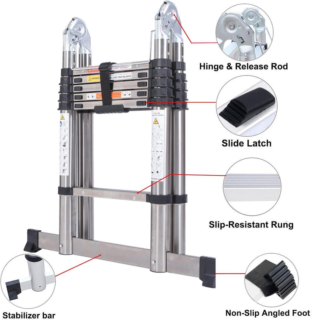 3.8M A-Frame Telescoping Ladder,Dual Purpose Stainless Steel Telescopic Ladder with Support Bar,330lb Load Capacity(1.9M+1.9M)
