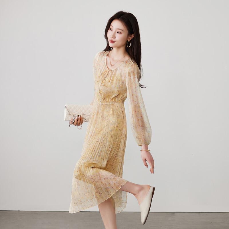 SOFSIL 2026 Spring French Floral Pleated V-Neck Dress XL