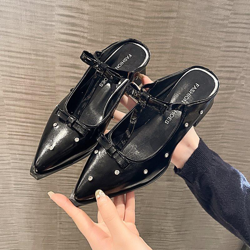 

Evening Wind Bag Head Half Slippers Temperament Pointed Head French Rhinestone Spring Bow Outer Wear Muller Shoes No 40 чорний
