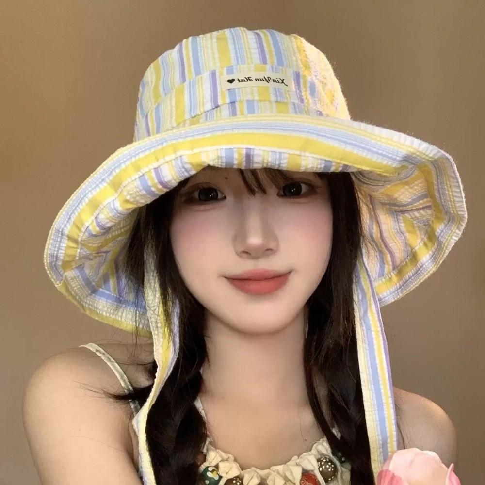 Large Brim Fisherman Hat Colorful Striped Summer Cap Korean Fashion Sun Hat  Women