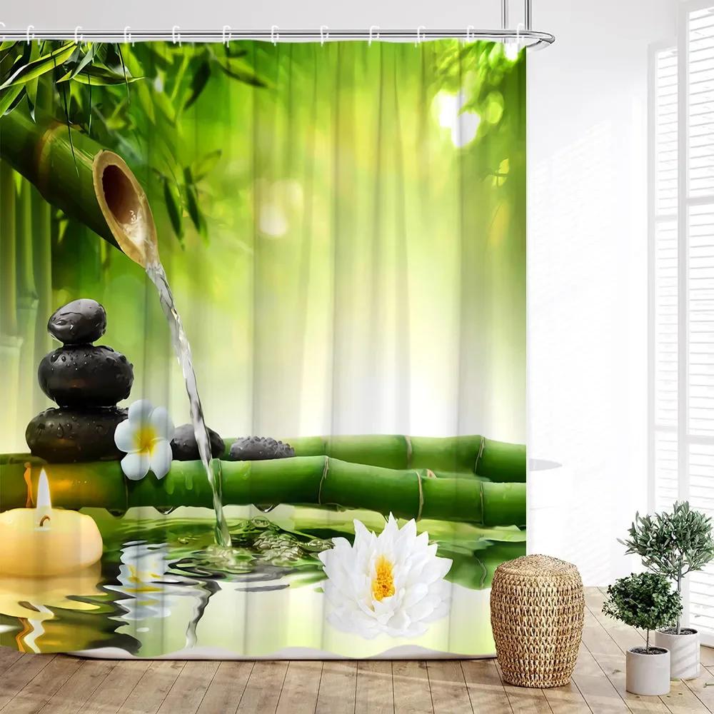 

Шторка для душа Zen, Зеленый бамбук река русский лотос бабочка речной пейзаж свеча принт листьев украшение для дома ванная комната 240x180cm-94x70in