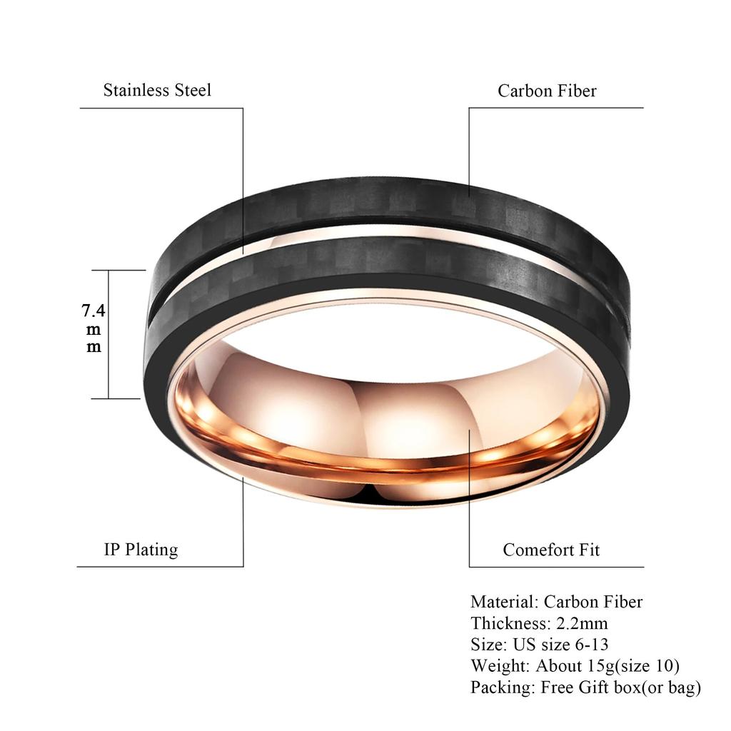 Black Carbon Fiber Ring Anniversary Jewelry Men's Wedding Band Blue/Rose Gold Stainless Steel Engagement Ring For Man Woman