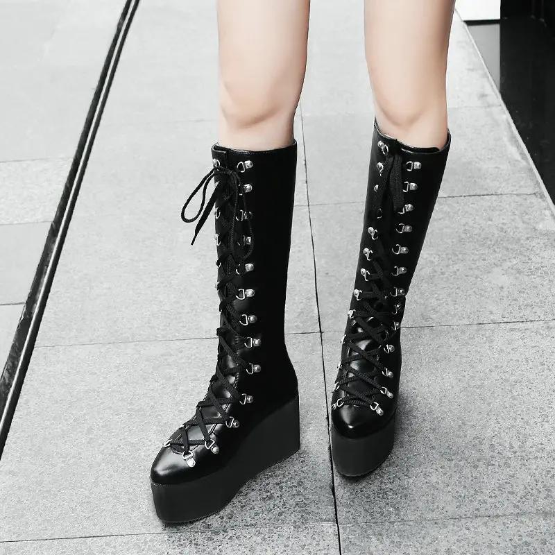 Herbst Winter Stiefel Nachtclub Stiefel Schnürung vorne Bühnenschuhe Super Hoher Absatz Weiß Keilabsatz Dicke Sohle Hoher Schaft Stiefel