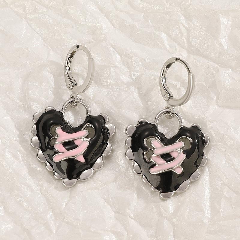 Vintage Gothic Black Heart Shaped Kitten Inlaid With Pink Zircon Earrings Creative Cool Cross Heart Shaped Sweet Jewelry Gift